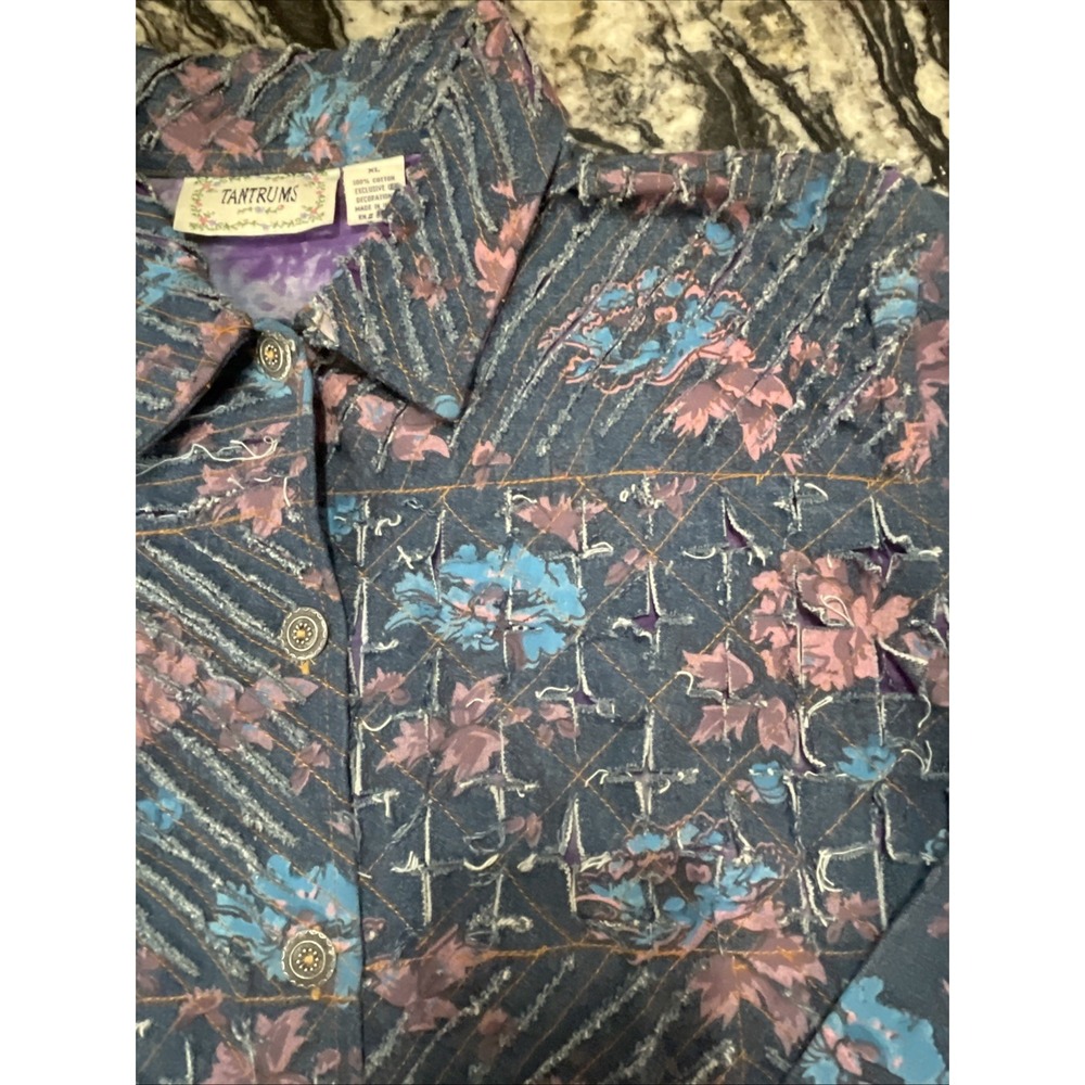 VTG Jean Jacket Painted Flowers Floral Shredded Denim Tantrums Women's XL - Picture 7 of 14